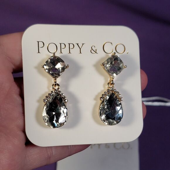 Poppy & Co. Clear Glass Rhinestone Crystal Earrings, Gold Plated, New in bag - Picture 2 of 14
